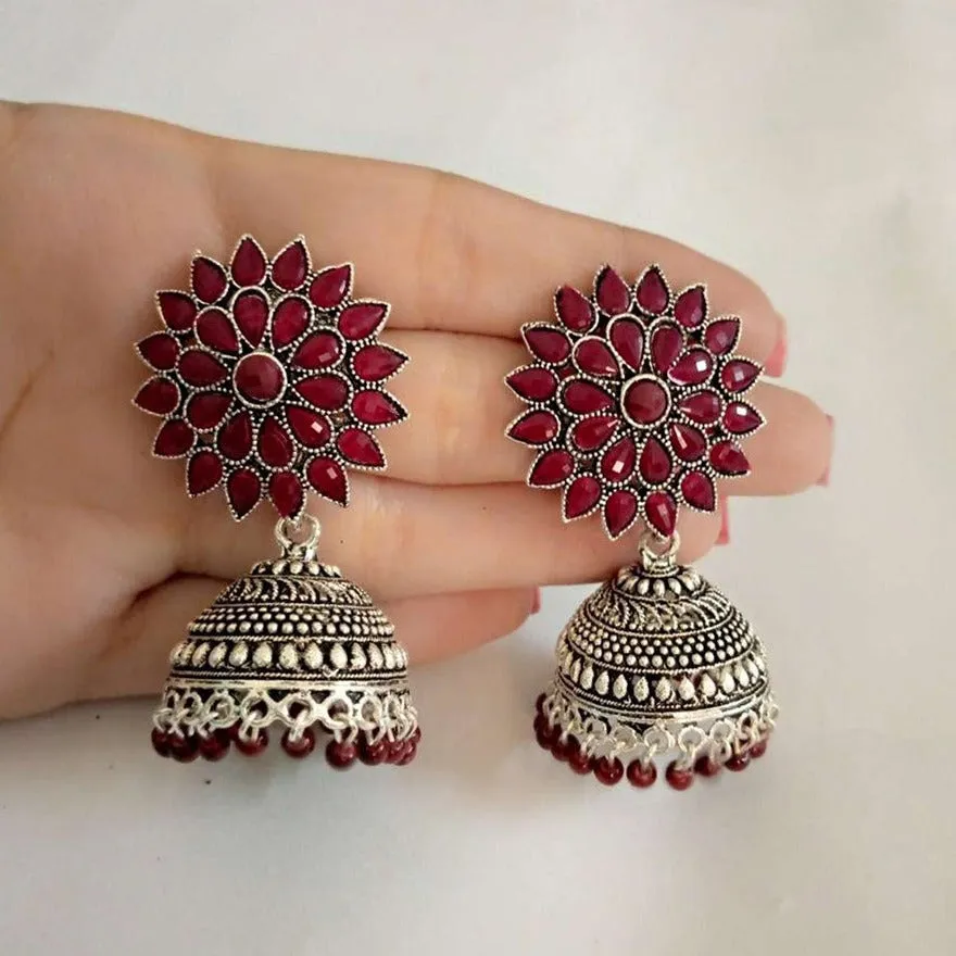 Antique Oxidized Jhumka Earrings With Glass Stones