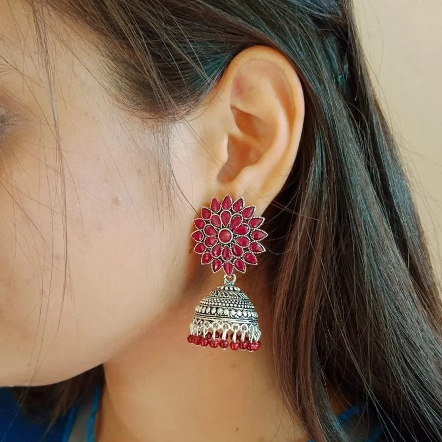 Antique Oxidized Jhumka Earrings With Glass Stones