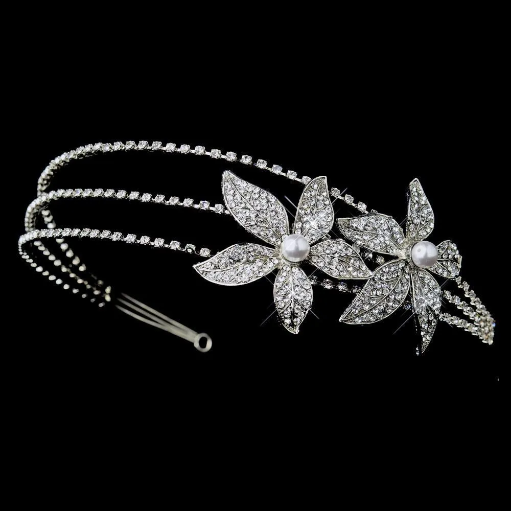 Antique Silver Plated Pearl & Crystal Starflower Side Accented Headband