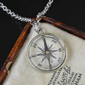 Antique Sterling Silver Working Compass Fob Pendant