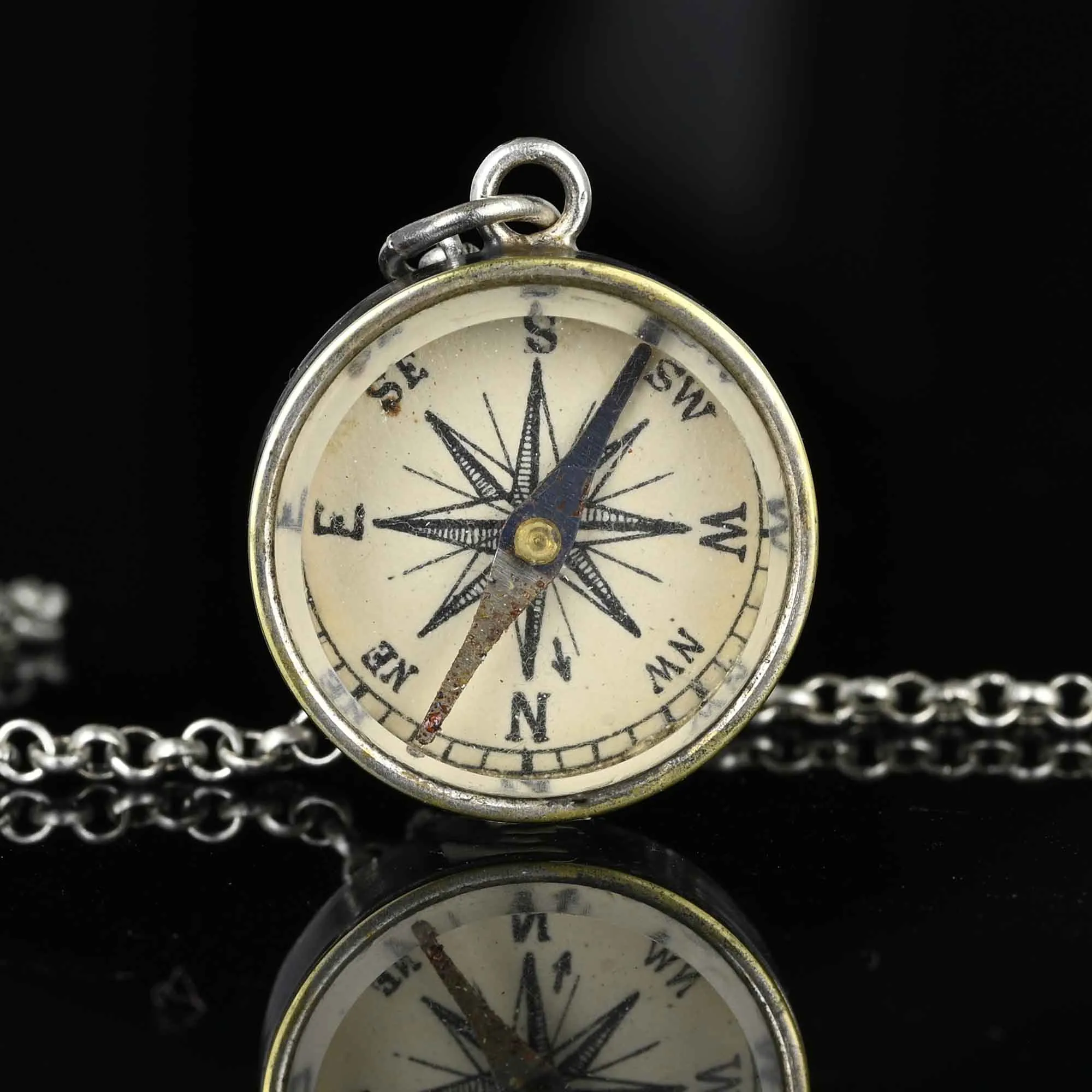 Antique Sterling Silver Working Compass Fob Pendant