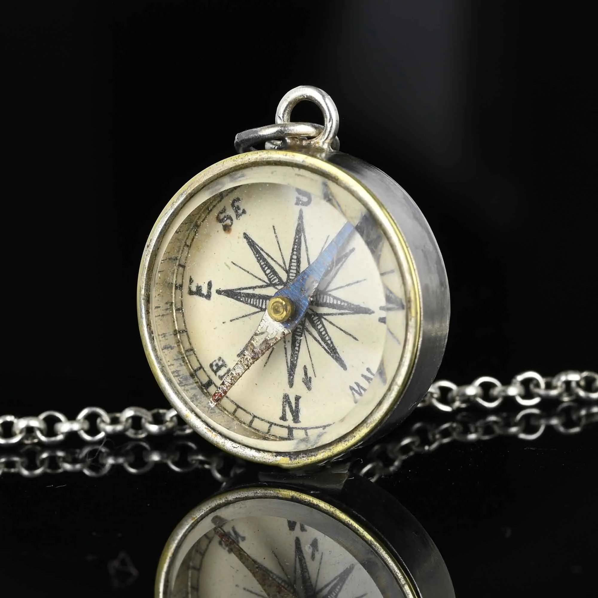 Antique Sterling Silver Working Compass Fob Pendant