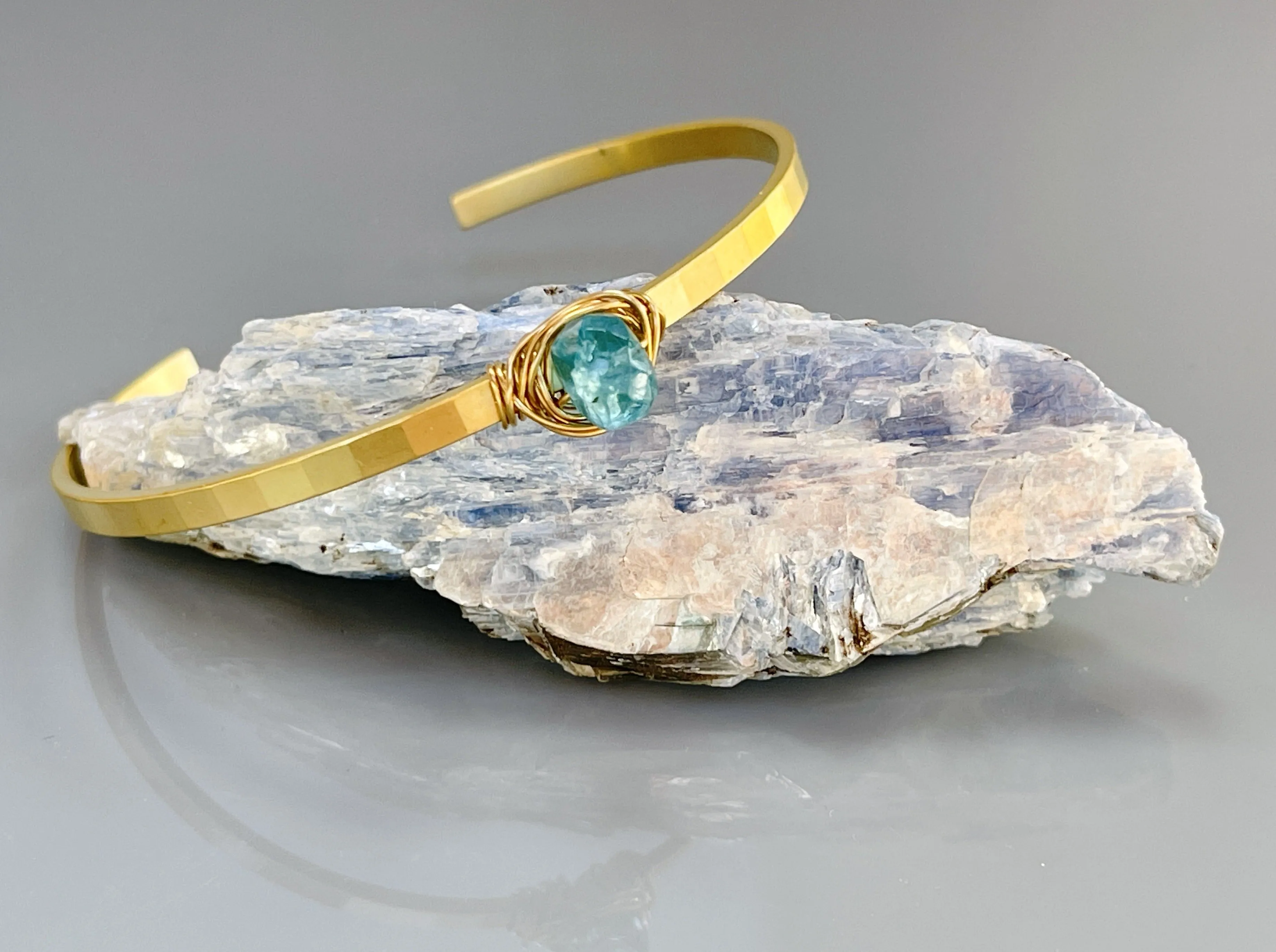 Apatite gemstone cuff bracelet Boho Matte Gold Apatite Bracelet