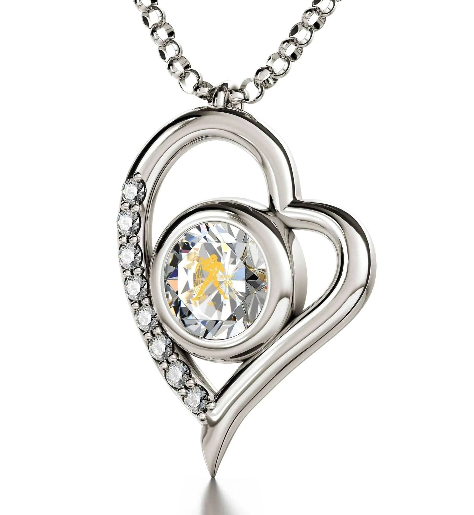 Aquarius Sign, 14k White Gold Diamonds Necklace, Swarovski