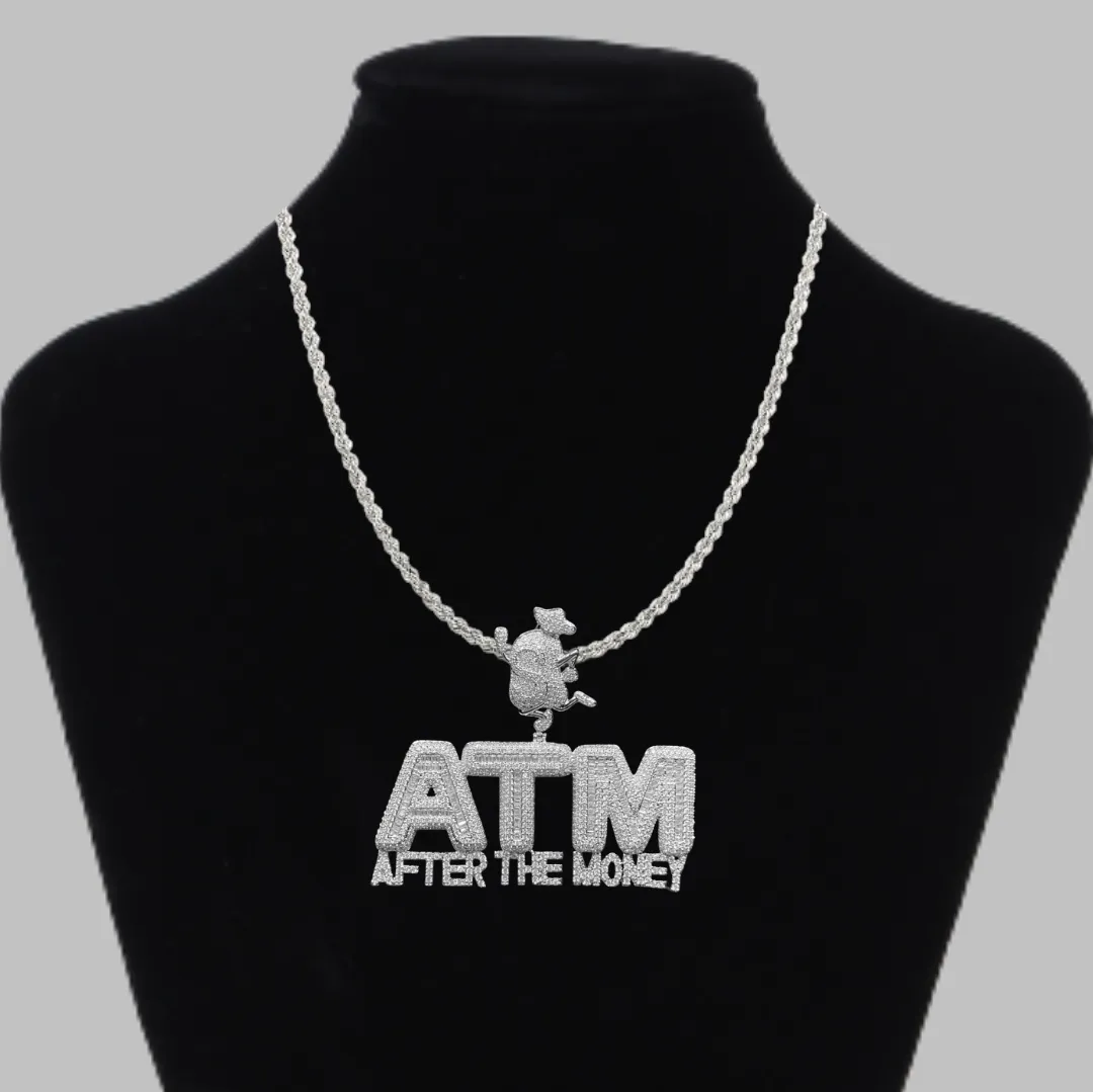 ATM After The Money Money Bag Bail Iced Out Letter Diamond Pendant Necklace