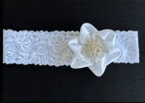 Baby Christening Headband Featuring a Ribbon Flower with Diamante