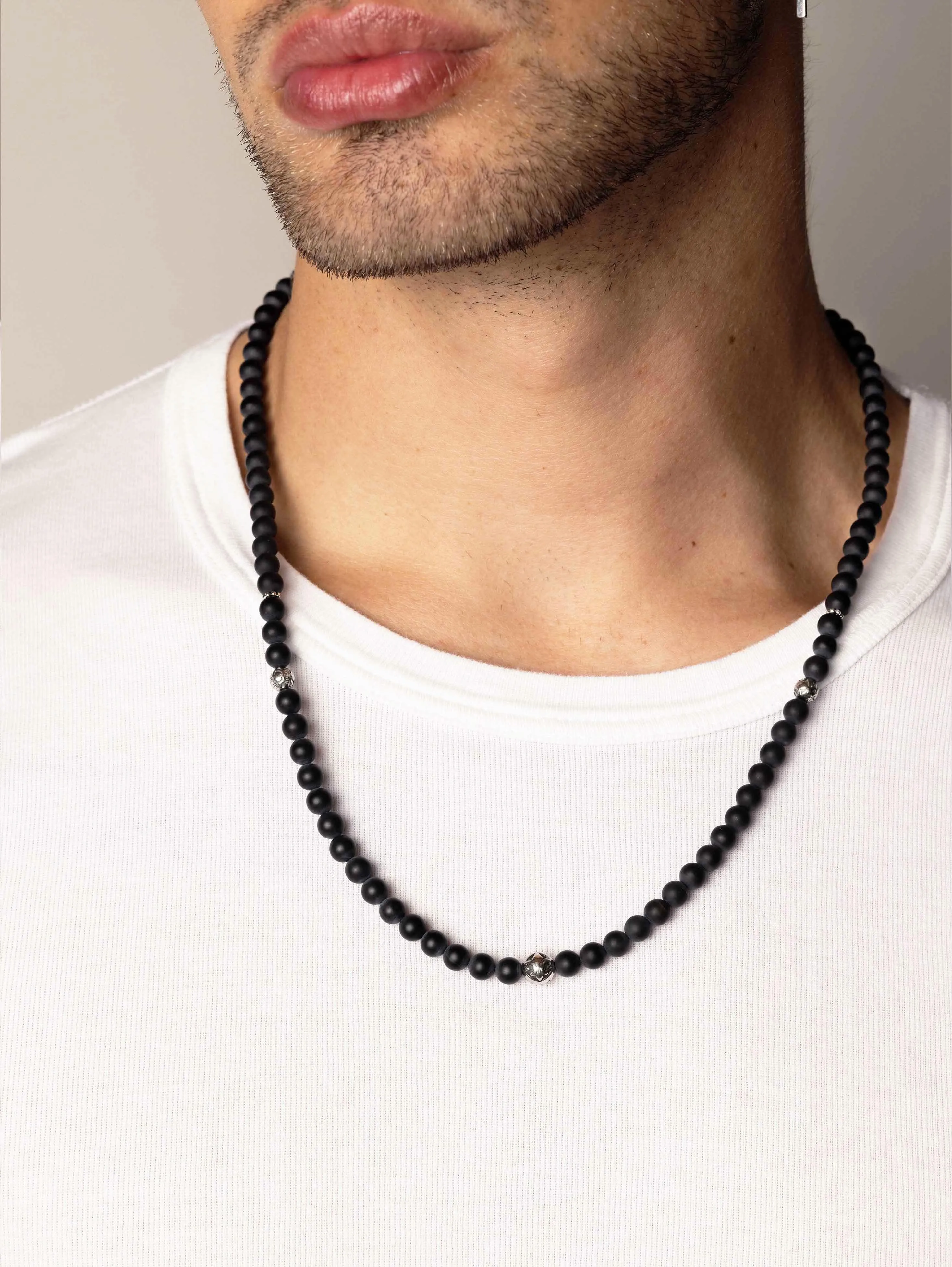 Beaded Necklace with Matte Onyx and Silver