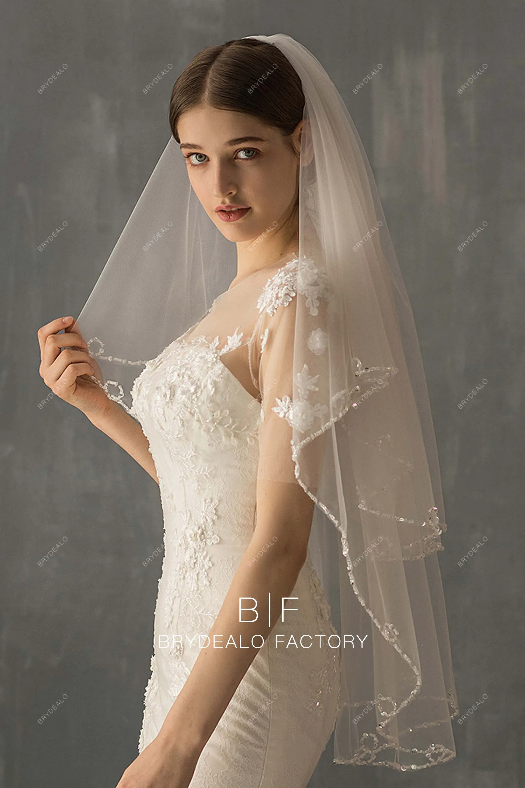 Beaded Two-tiered Fingertip Length Designer Wedding Veil