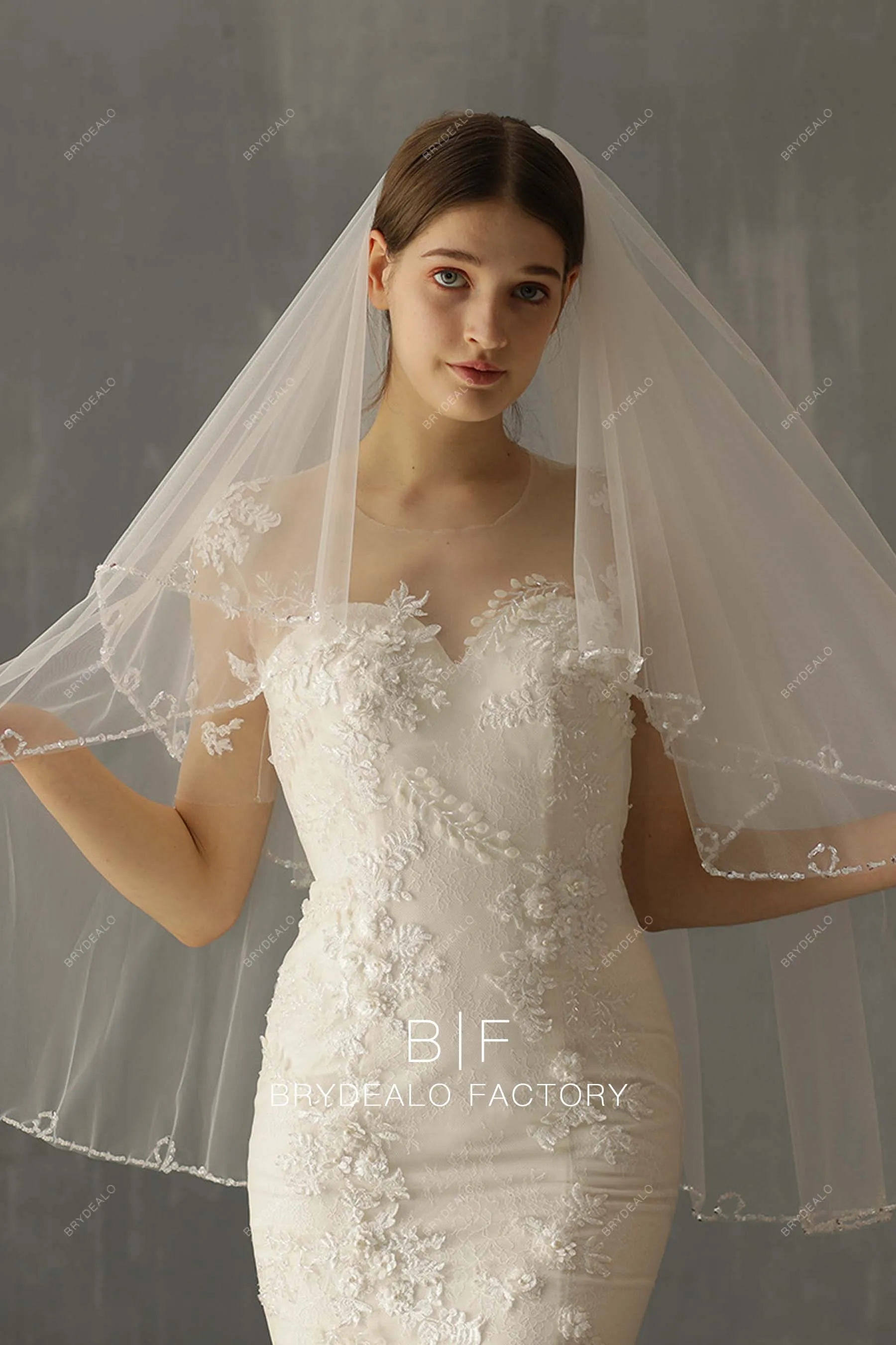 Beaded Two-tiered Fingertip Length Designer Wedding Veil