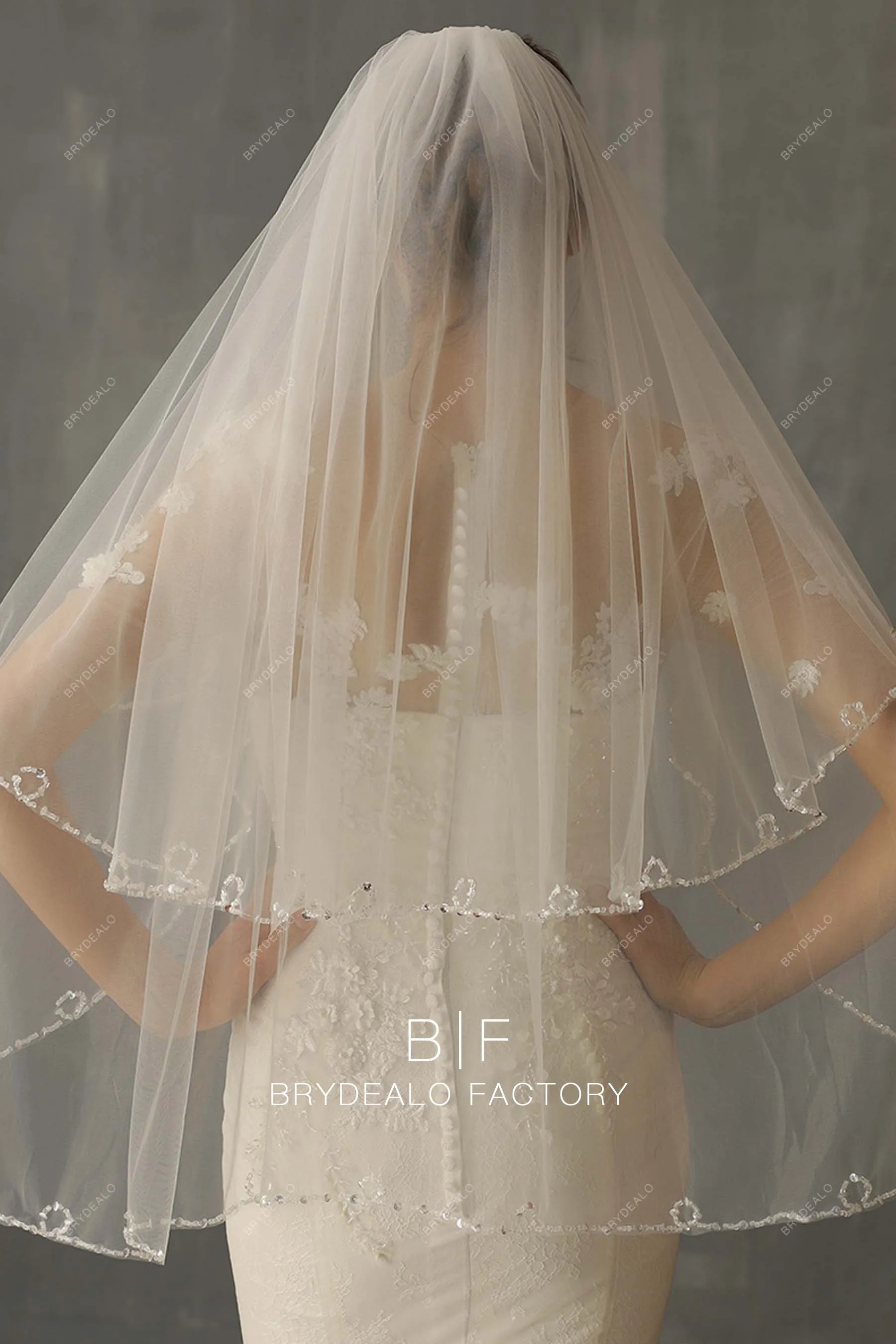 Beaded Two-tiered Fingertip Length Designer Wedding Veil