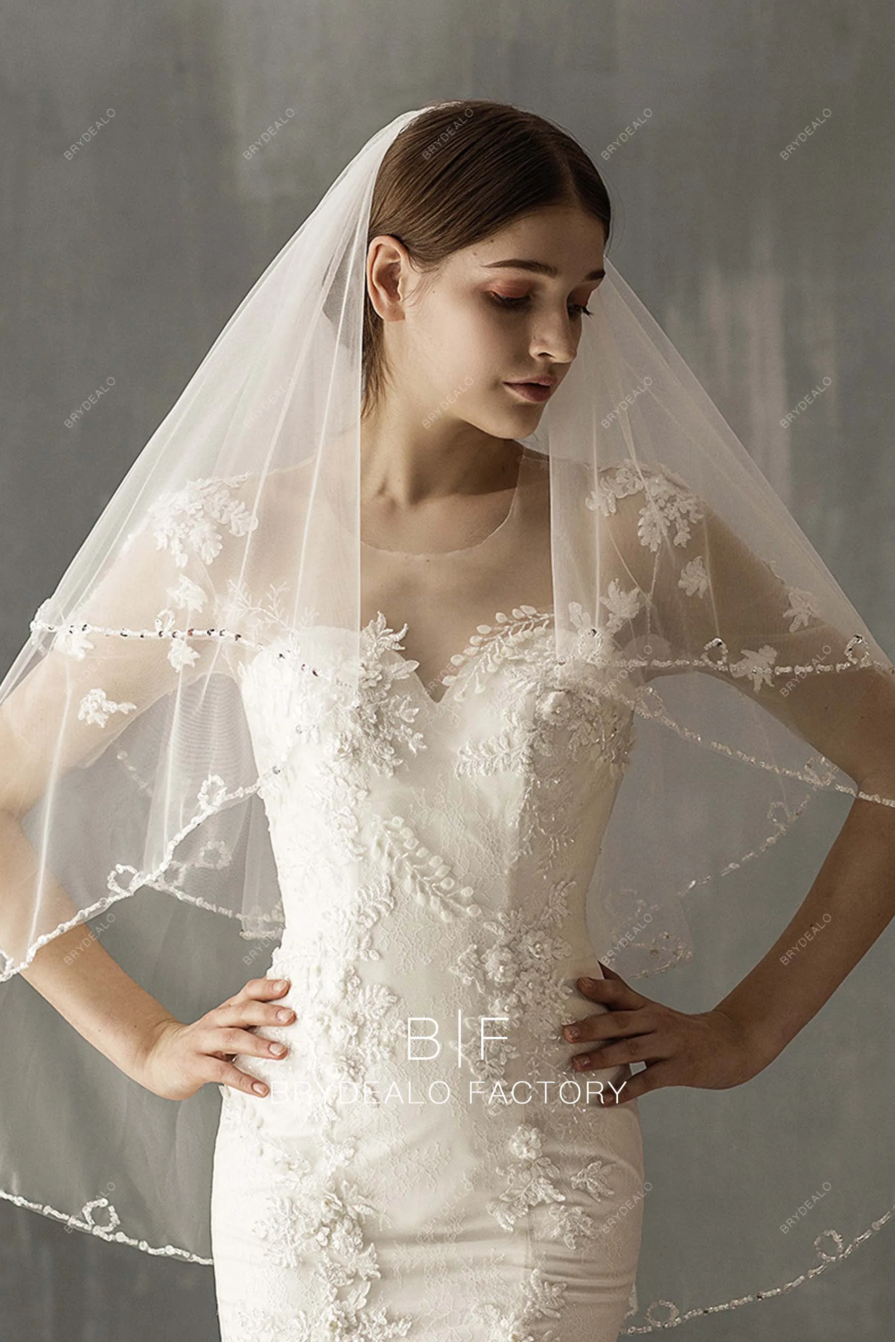 Beaded Two-tiered Fingertip Length Designer Wedding Veil