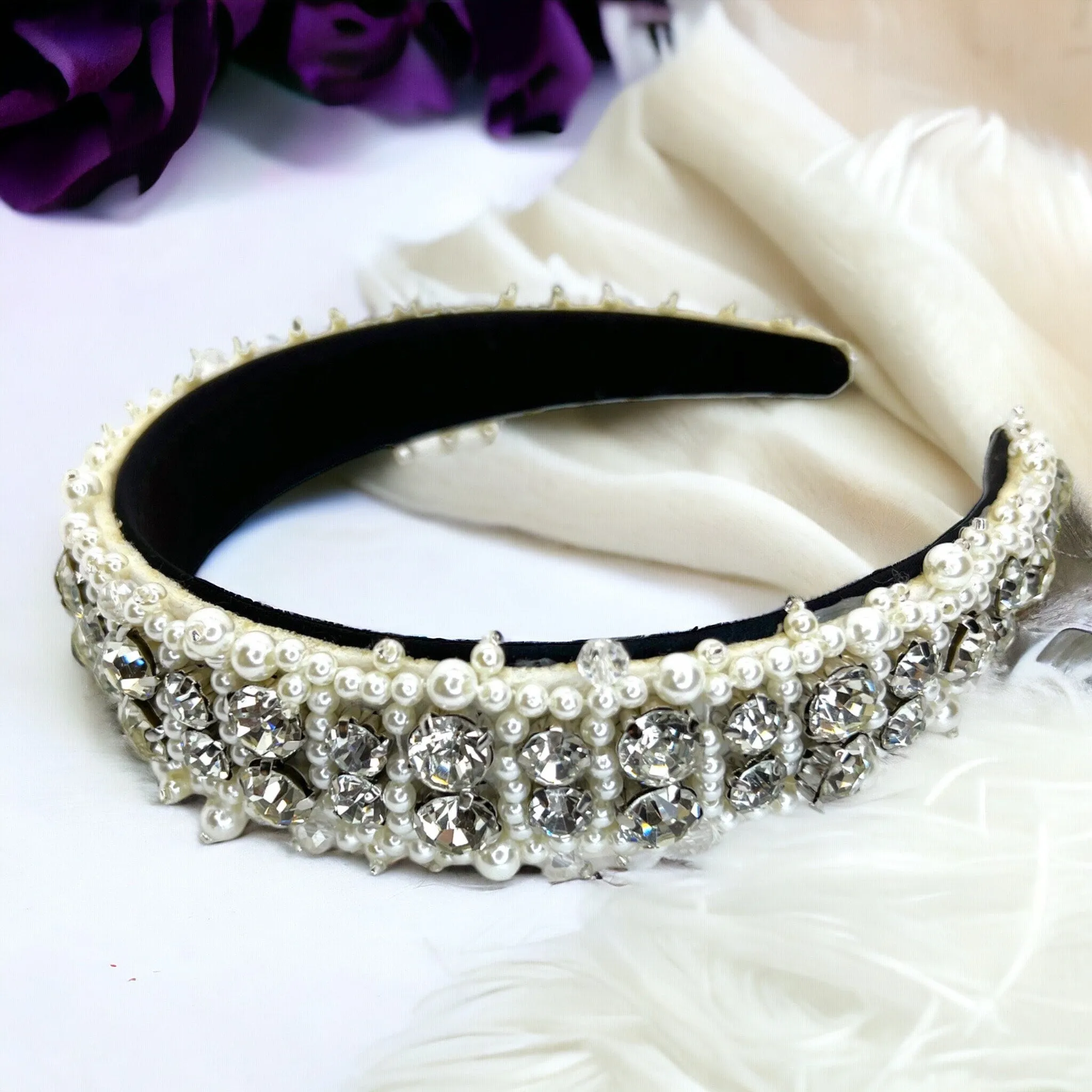 Beaded White Headband - Bridal Shower, Bridal Headpiece, Beaded Headband, Pearls and Rhinestones, Pearl Headband, Rhinestone Headband, Ivory