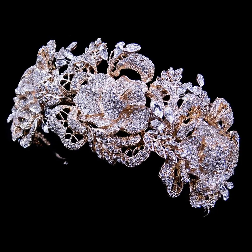 Big Gorgeous Silver or Gold Floral Crystal Bridal Headpiece