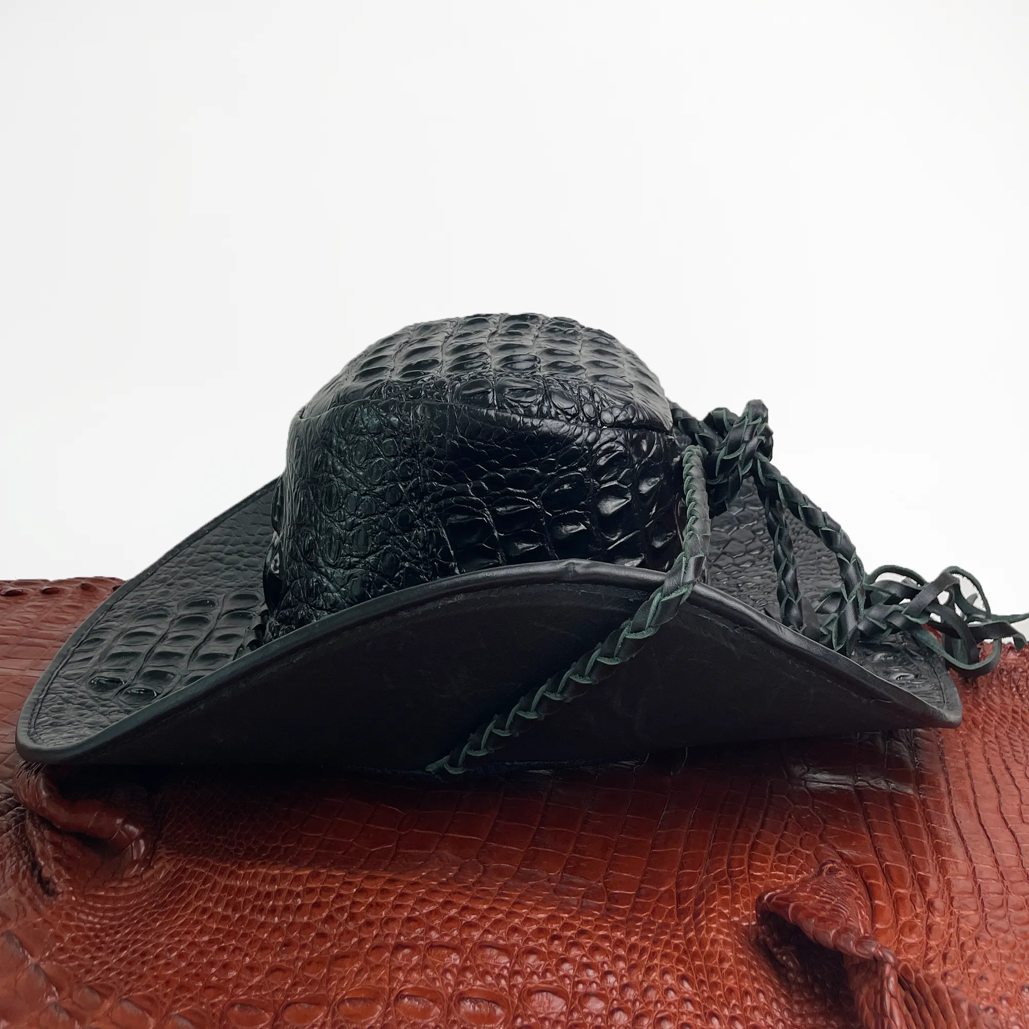 Black Alligator Cowboy Hat | Crocodile Skin Western Style Hat With Chin Cord | HAT-BLA-66