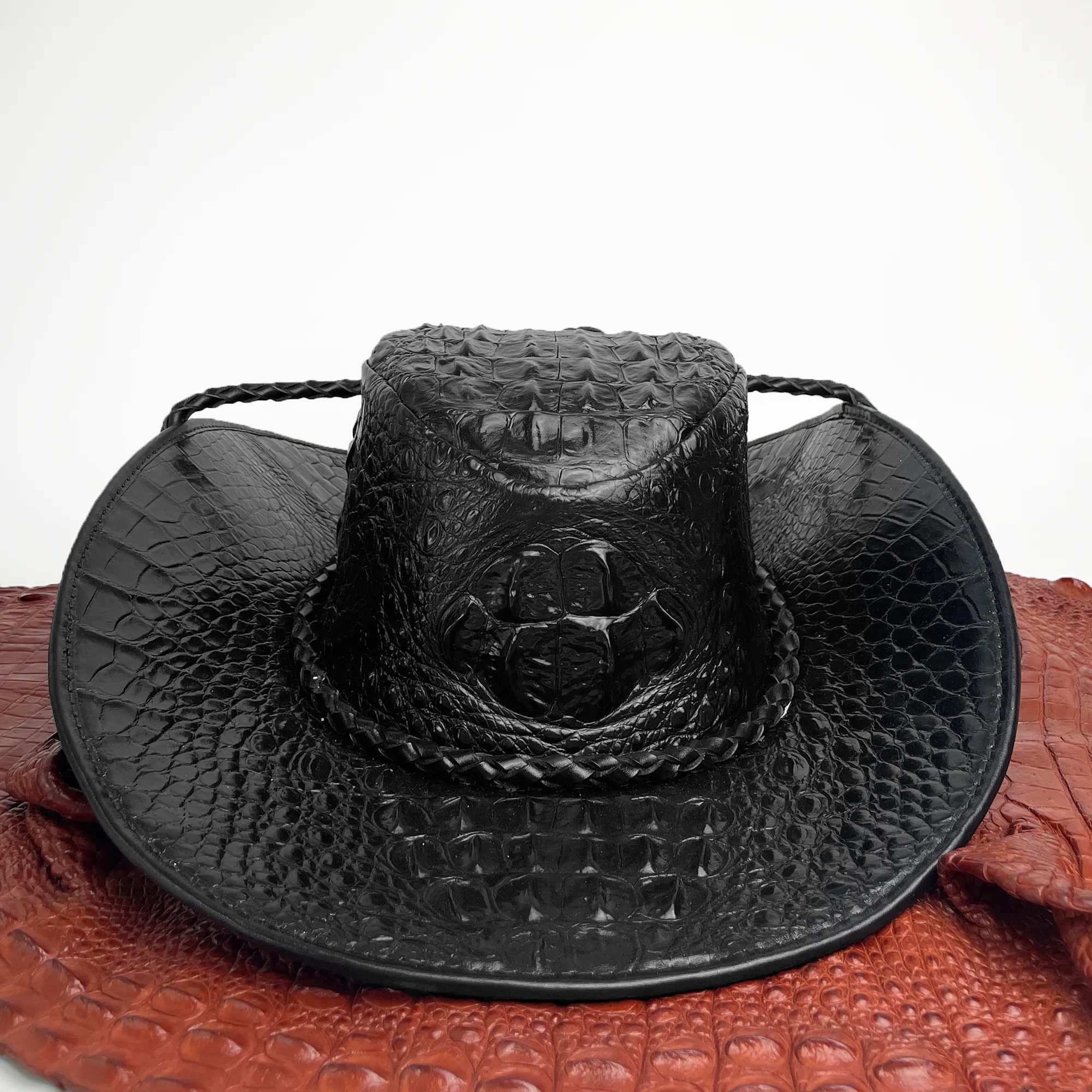 Black Alligator Cowboy Hat | Crocodile Skin Western Style Hat With Chin Cord | HAT-BLA-66