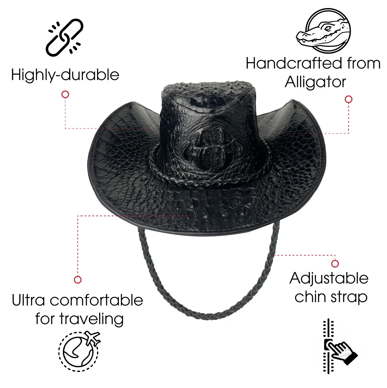 Black Alligator Cowboy Hat | Crocodile Skin Western Style Hat With Chin Cord | HAT-BLA-66