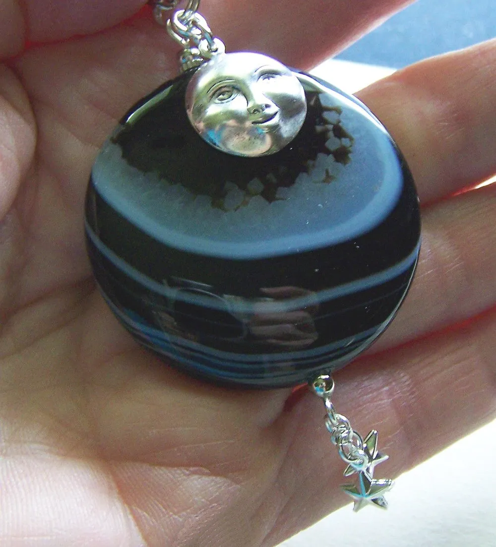 Black and White Banded Onxy Celestial Moon and Stars Pendant Necklace