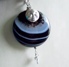 Black and White Banded Onxy Celestial Moon and Stars Pendant Necklace