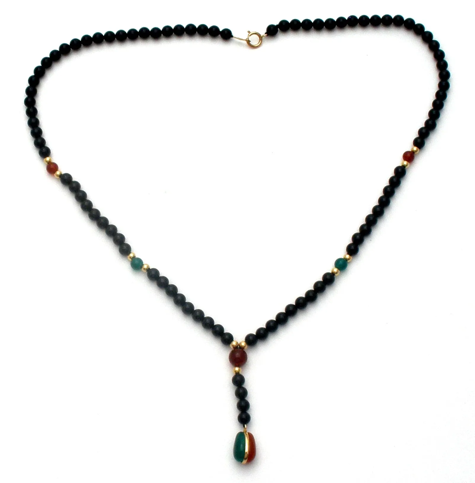 Black Onyx Carnelian Chrysoprase Bead Necklace 14K Gold