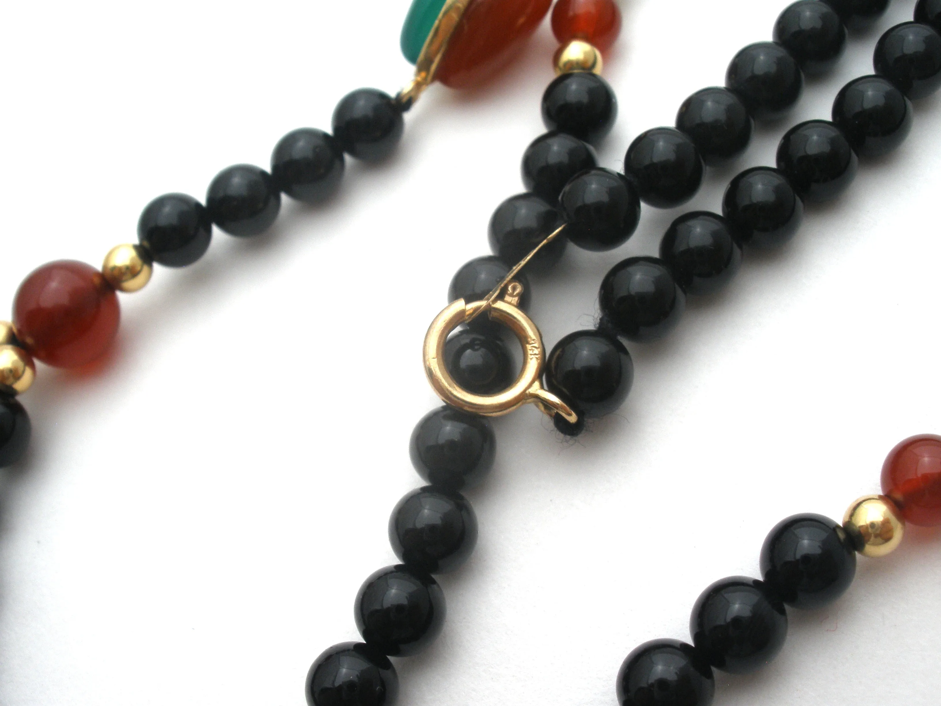 Black Onyx Carnelian Chrysoprase Bead Necklace 14K Gold