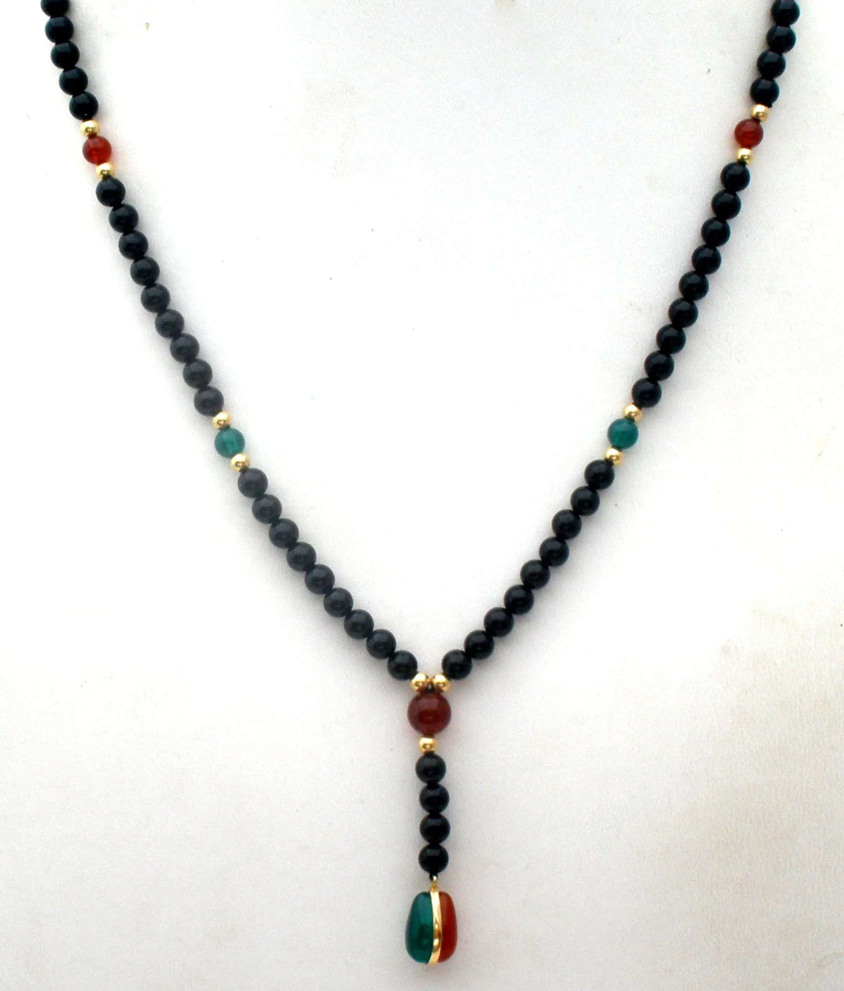 Black Onyx Carnelian Chrysoprase Bead Necklace 14K Gold