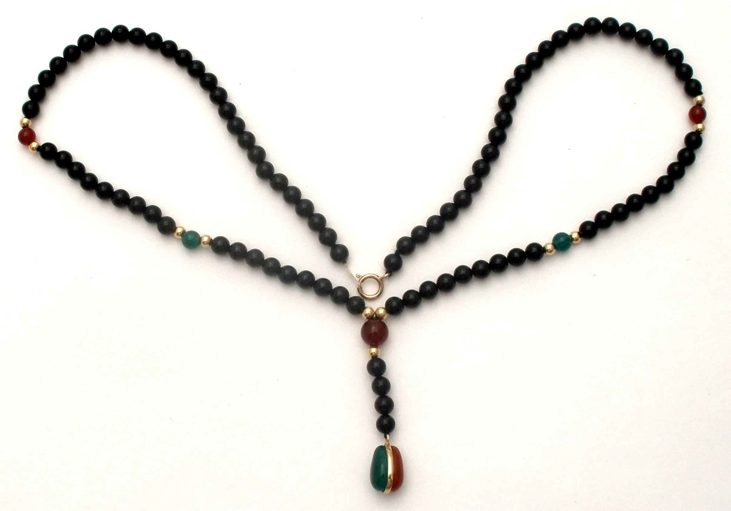 Black Onyx Carnelian Chrysoprase Bead Necklace 14K Gold