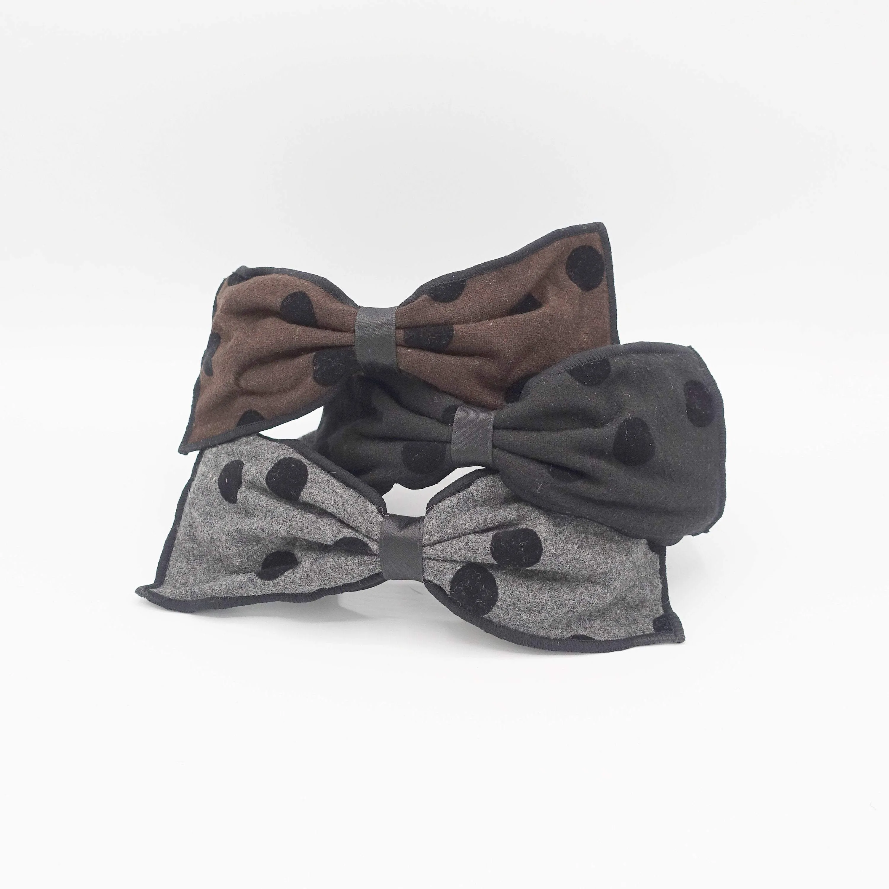 black velvet dot woolen bow headband wired hair bow for women