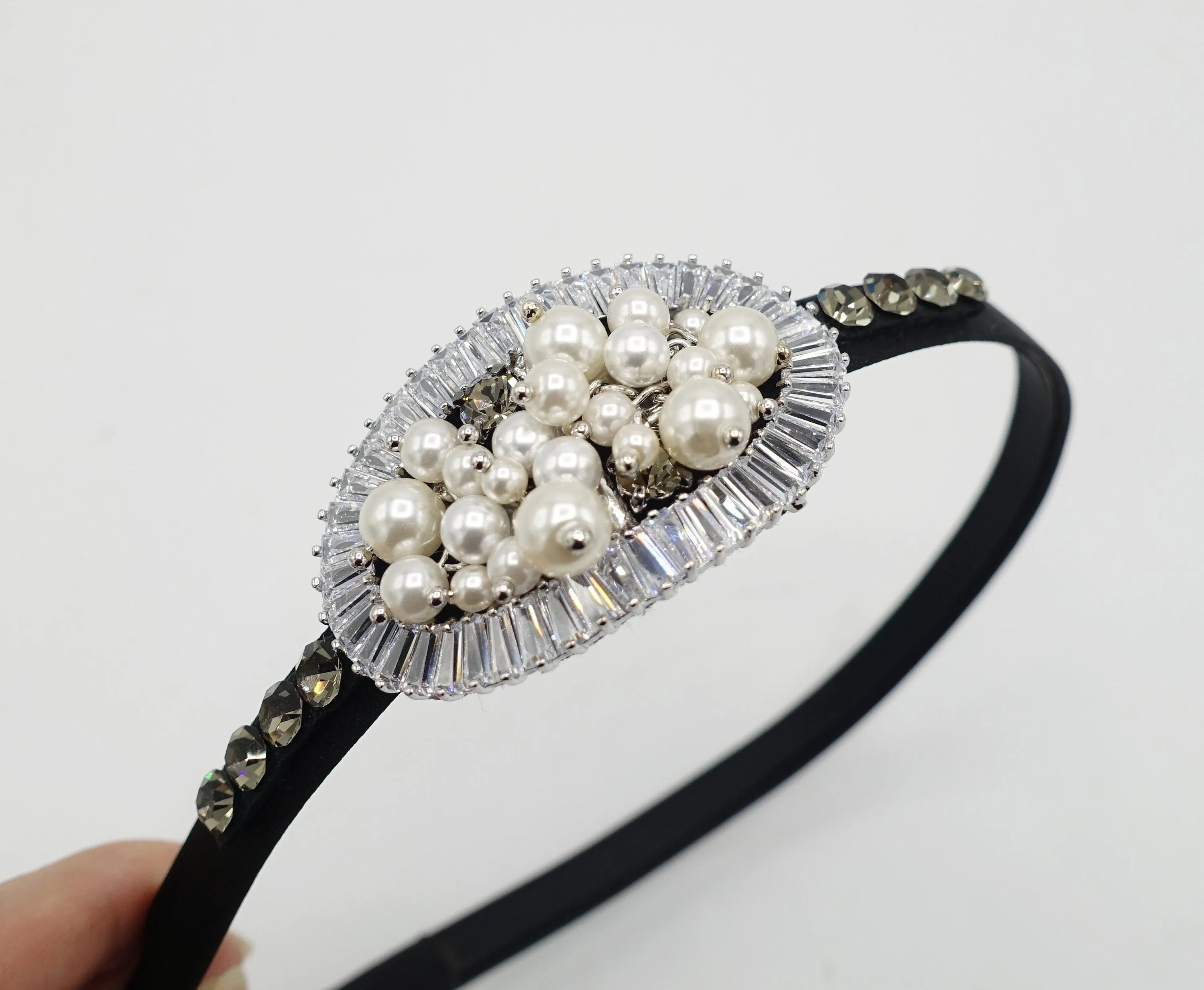 bling headband pearl glass rhinestone embellished oval thin hairband women hair accessory