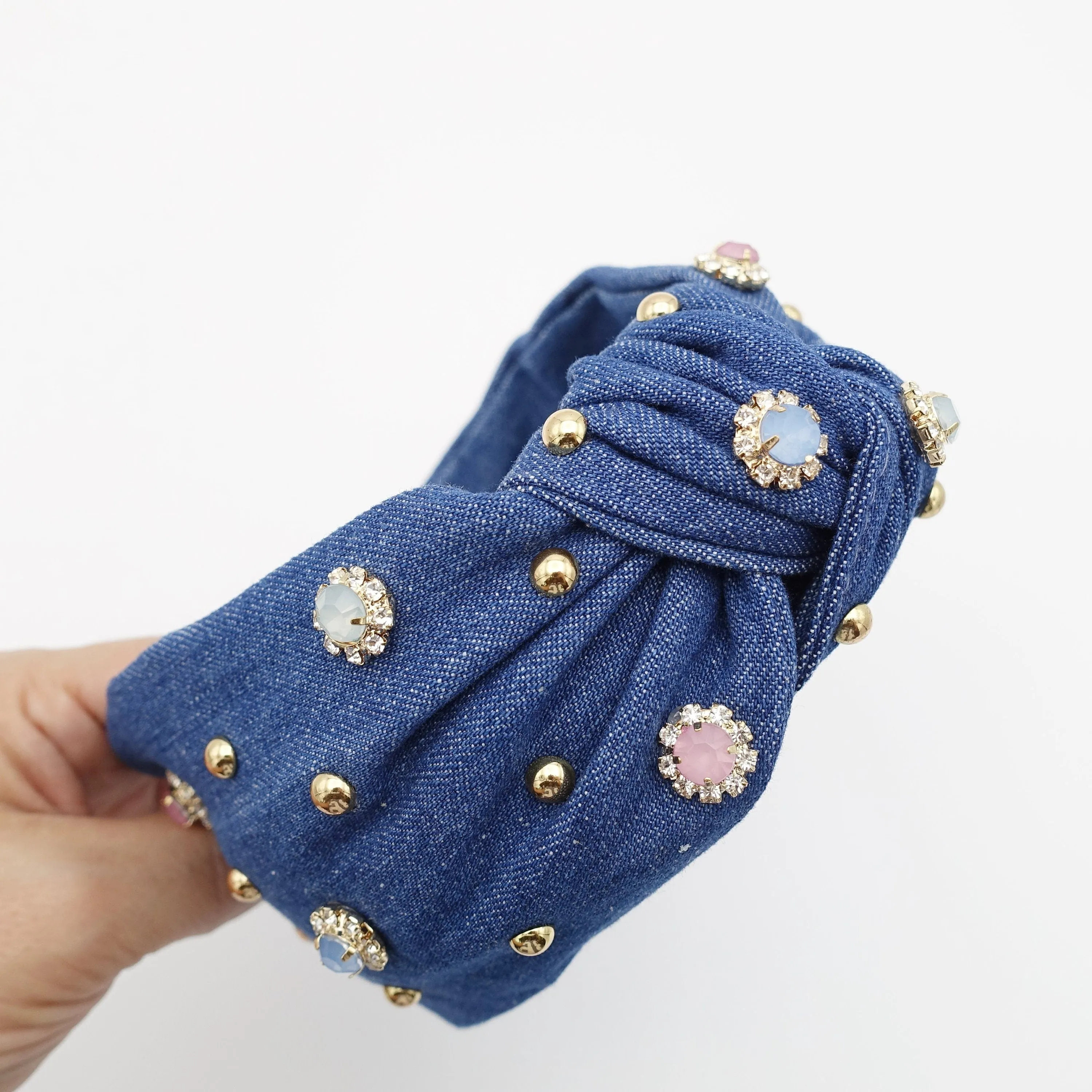 Blue Garden denim embellished headband rhinestone stud decorated knot hairband women hair accessory