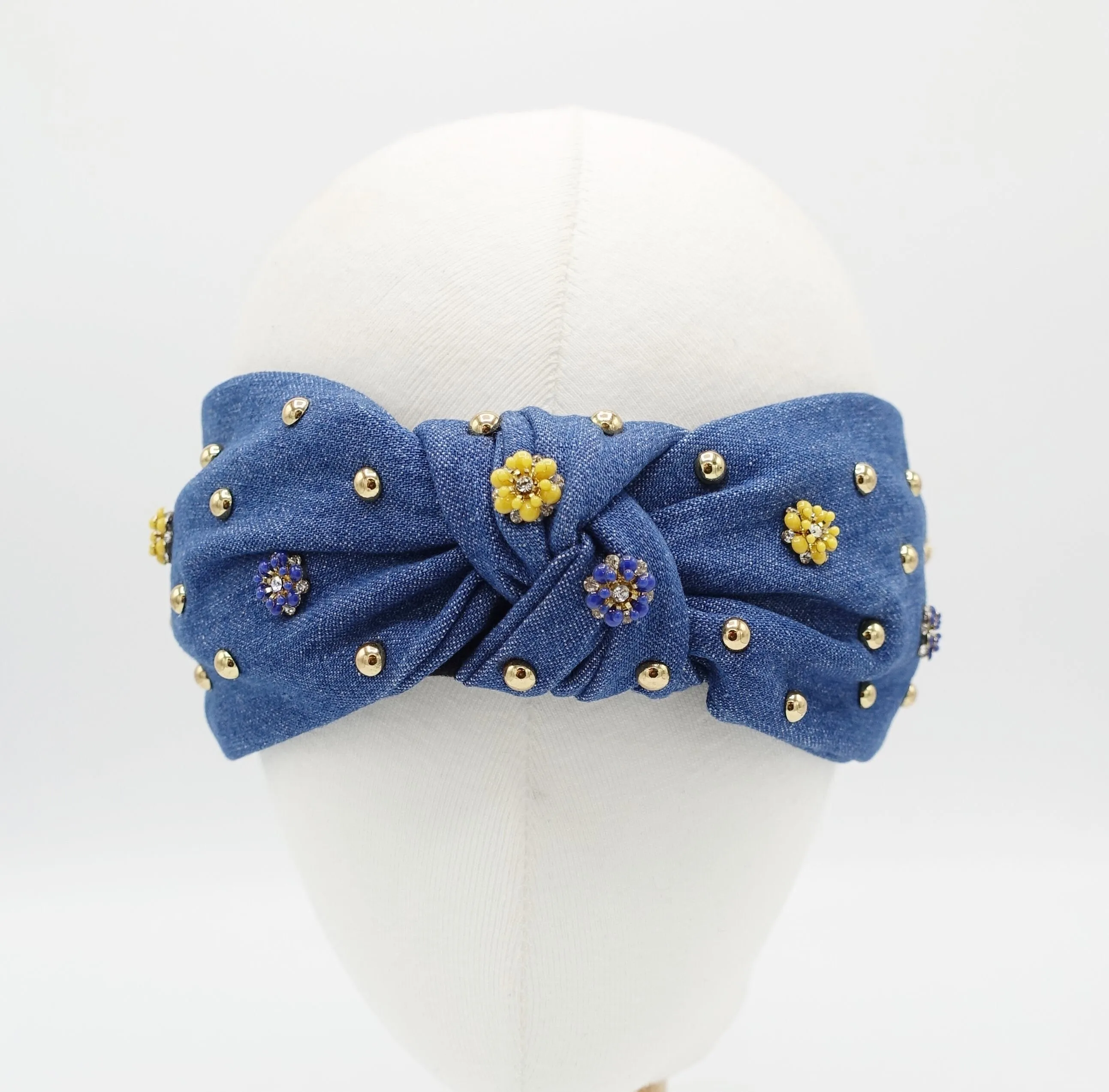 Blue Garden denim embellished headband rhinestone stud decorated knot hairband women hair accessory