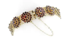 Bohemian Garnet Flower Blossom Link Bracelet in Sterling Silver with Yellow Gold Vermeil