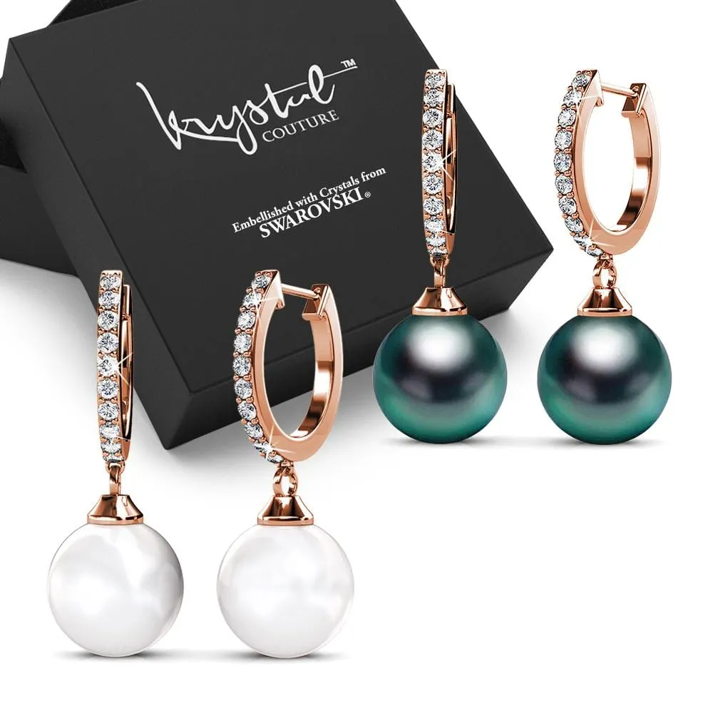 Boxed 2 Pairs Flawless Pearl Drop Hoop Earrings Set Embellished with SWAROVSKI Crystal Iridescent Tahitian Look Pearls in Rose Gold