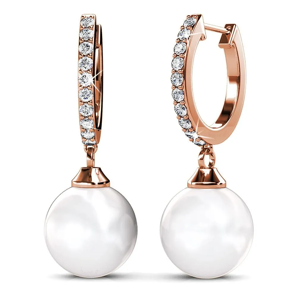 Boxed 2 Pairs Flawless Pearl Drop Hoop Earrings Set Embellished with SWAROVSKI Crystal Iridescent Tahitian Look Pearls in Rose Gold