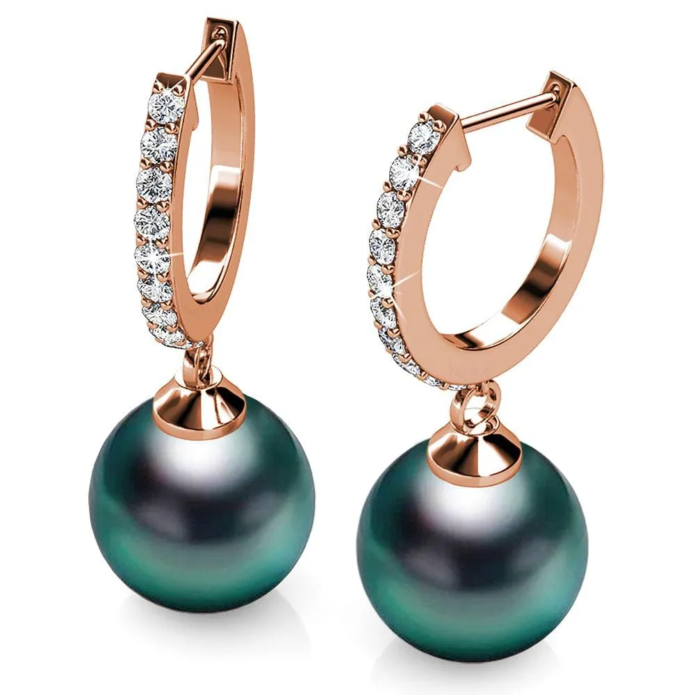 Boxed 2 Pairs Flawless Pearl Drop Hoop Earrings Set Embellished with SWAROVSKI Crystal Iridescent Tahitian Look Pearls in Rose Gold