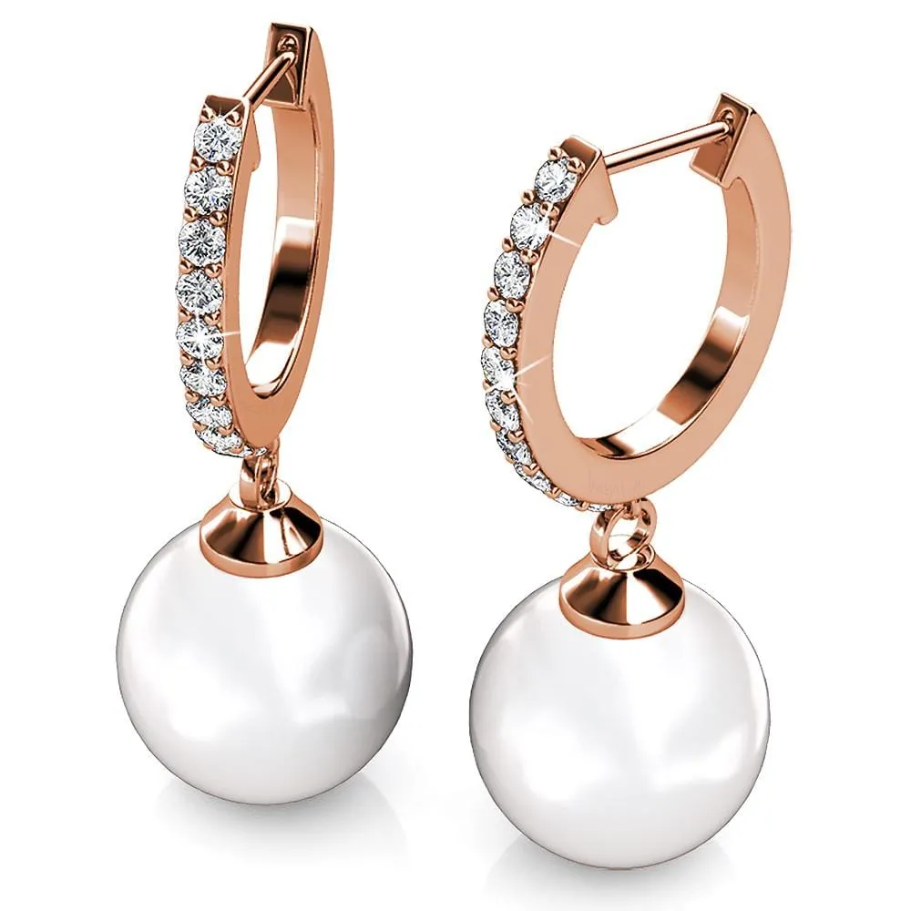 Boxed 2 Pairs Flawless Pearl Drop Hoop Earrings Set Embellished with SWAROVSKI Crystal Iridescent Tahitian Look Pearls in Rose Gold