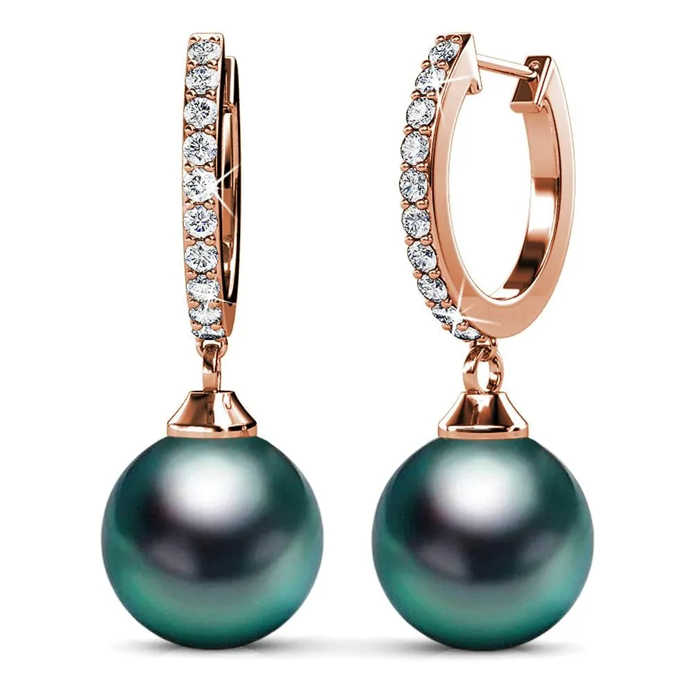 Boxed 2 Pairs Flawless Pearl Drop Hoop Earrings Set Embellished with SWAROVSKI Crystal Iridescent Tahitian Look Pearls in Rose Gold