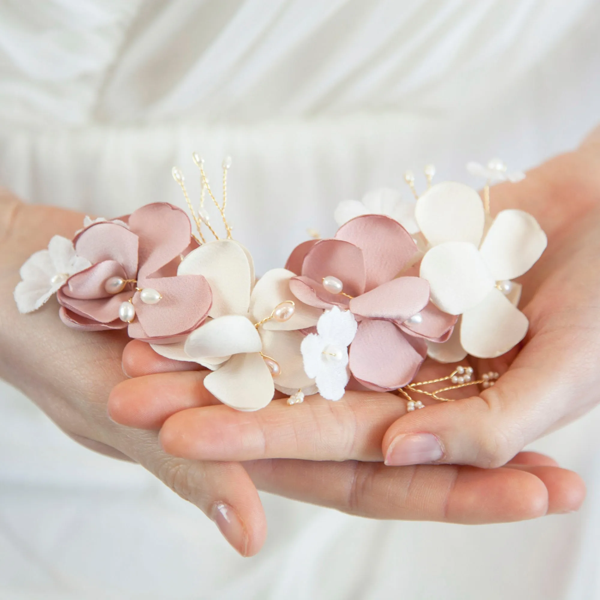 Bridal Pink Flower Hair Clip with Pearls