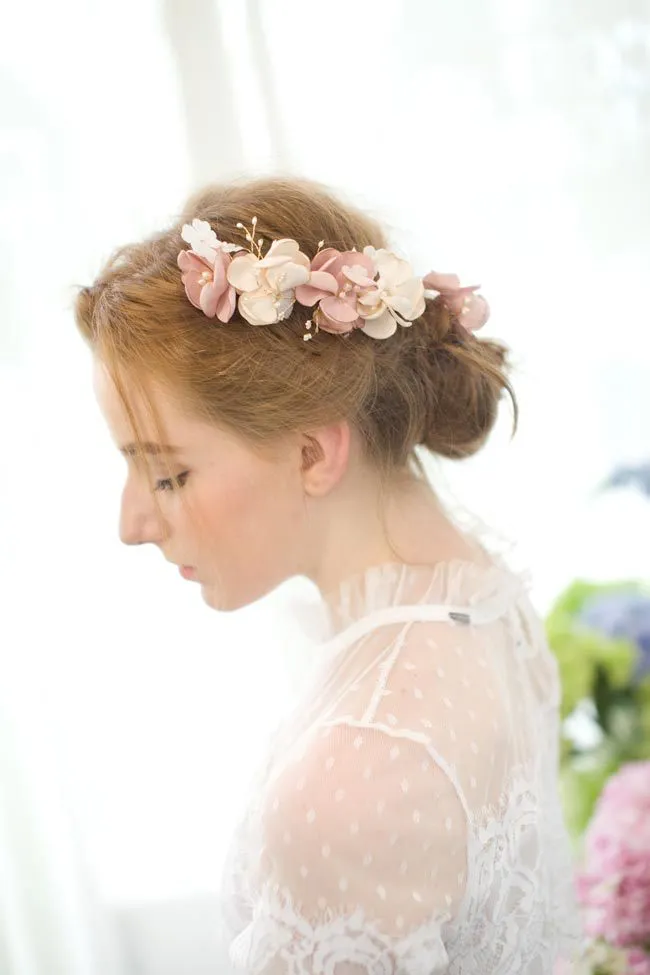 Bridal Pink Flower Hair Clip with Pearls