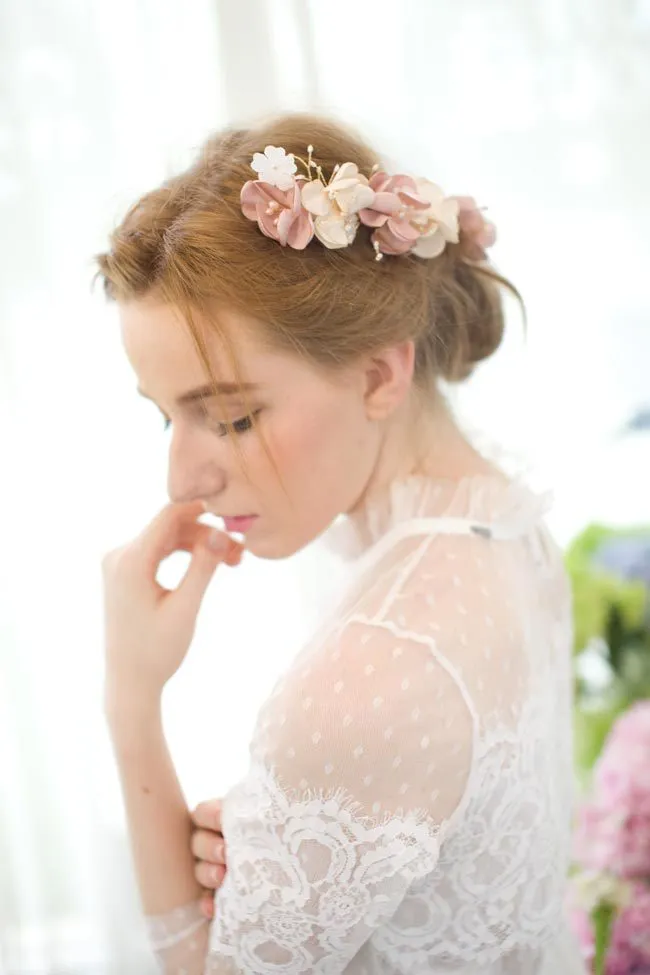 Bridal Pink Flower Hair Clip with Pearls