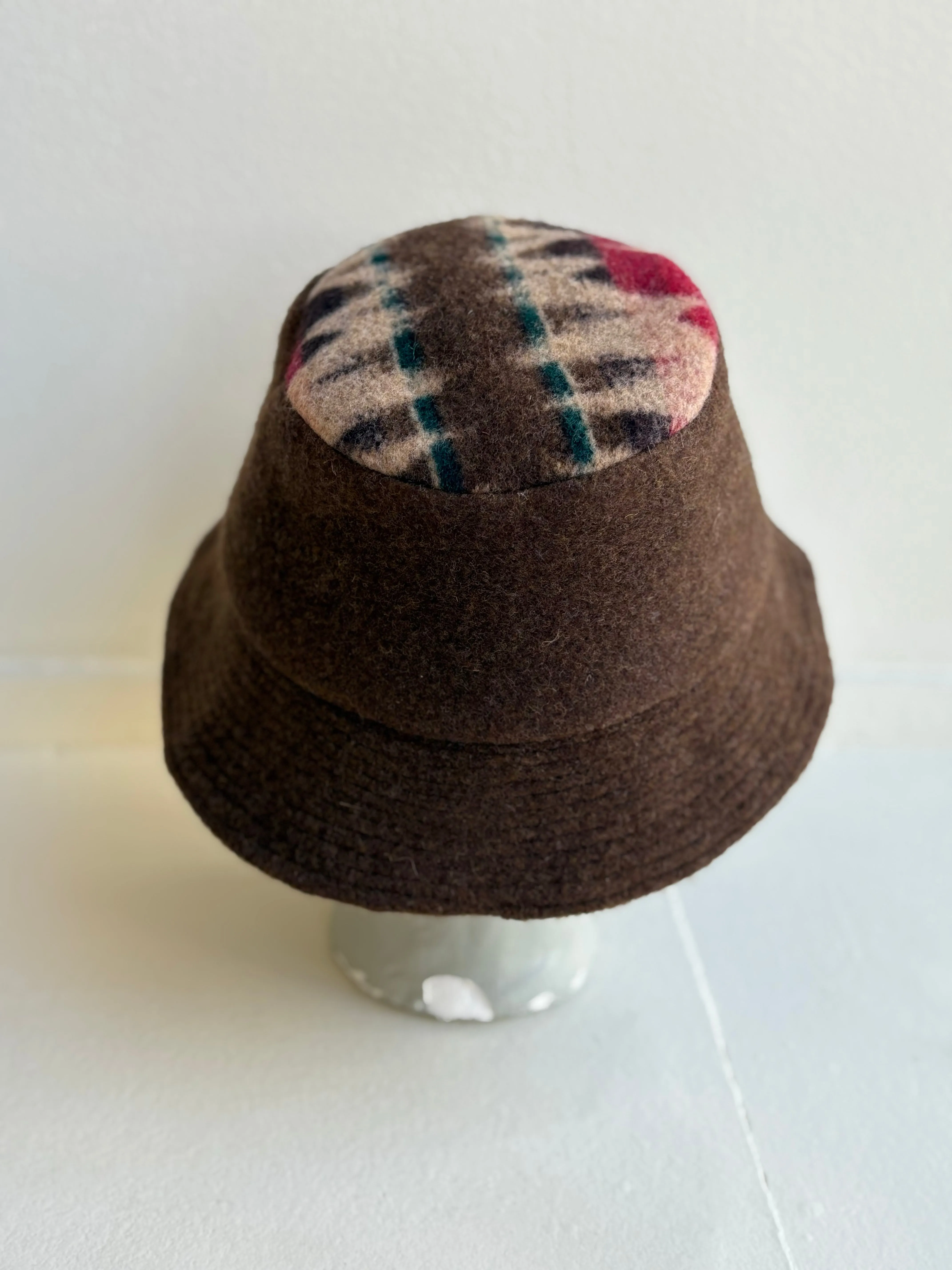 Brown Deadstock Wool Bucket Hat w/ Green, Red, Brown, Neutral Top