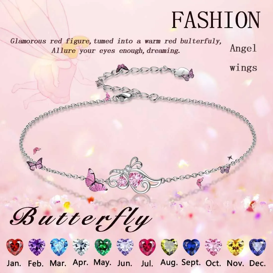 Butterfly Birthstone January Garnet Bracelet Women Girls Jewelry Birthday Gift 925 Sterling Silver