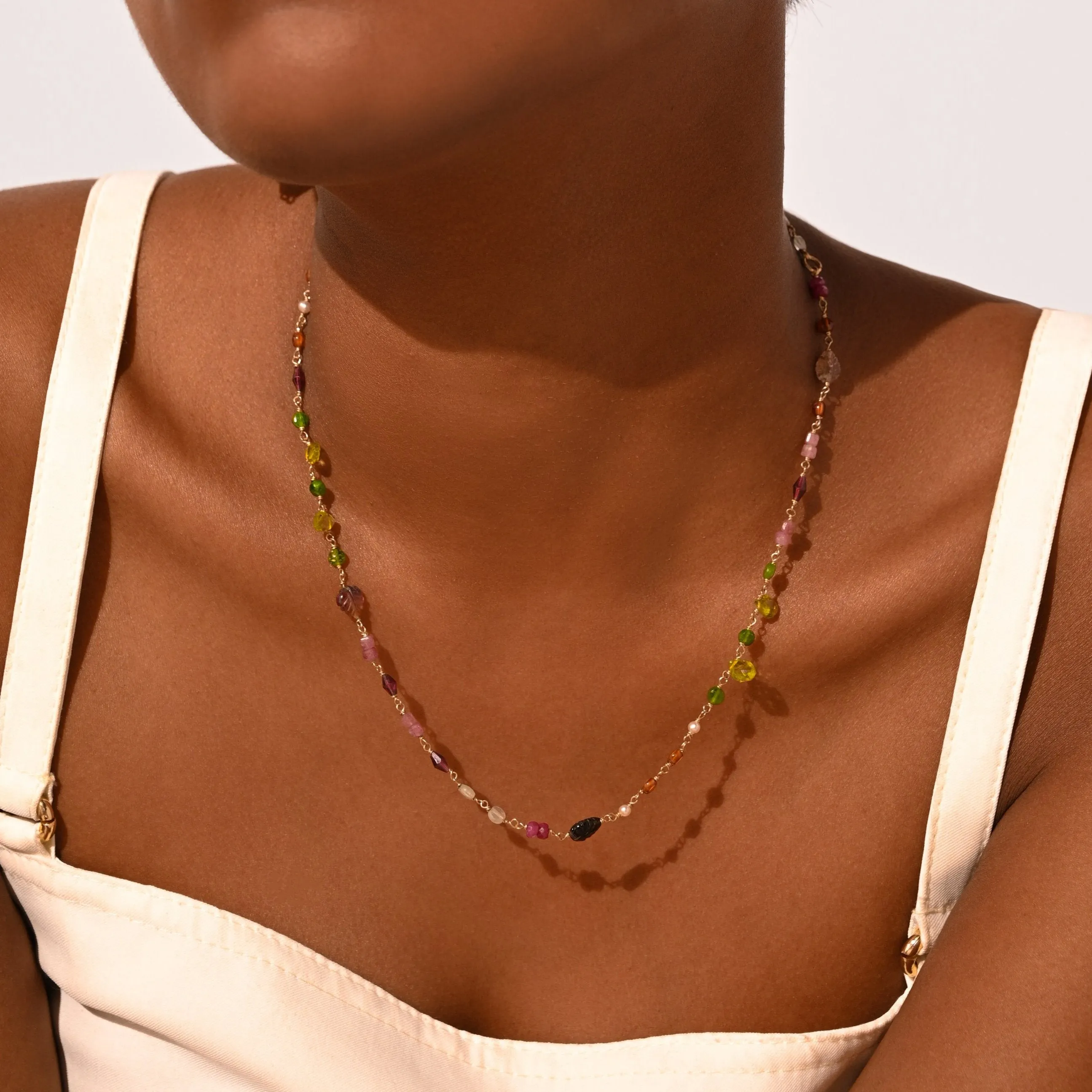 Carolita Necklace #1 (47cm) - Garnet, Tourmaline, Ruby, Peridot, Rose Quartz, Phrinite, Hessonite & Tsavorite