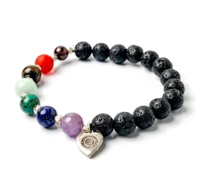 Chakra Gemstone Bracelet with Heart, Hill Tribes Fine Silver, Lava Bead, Stretch