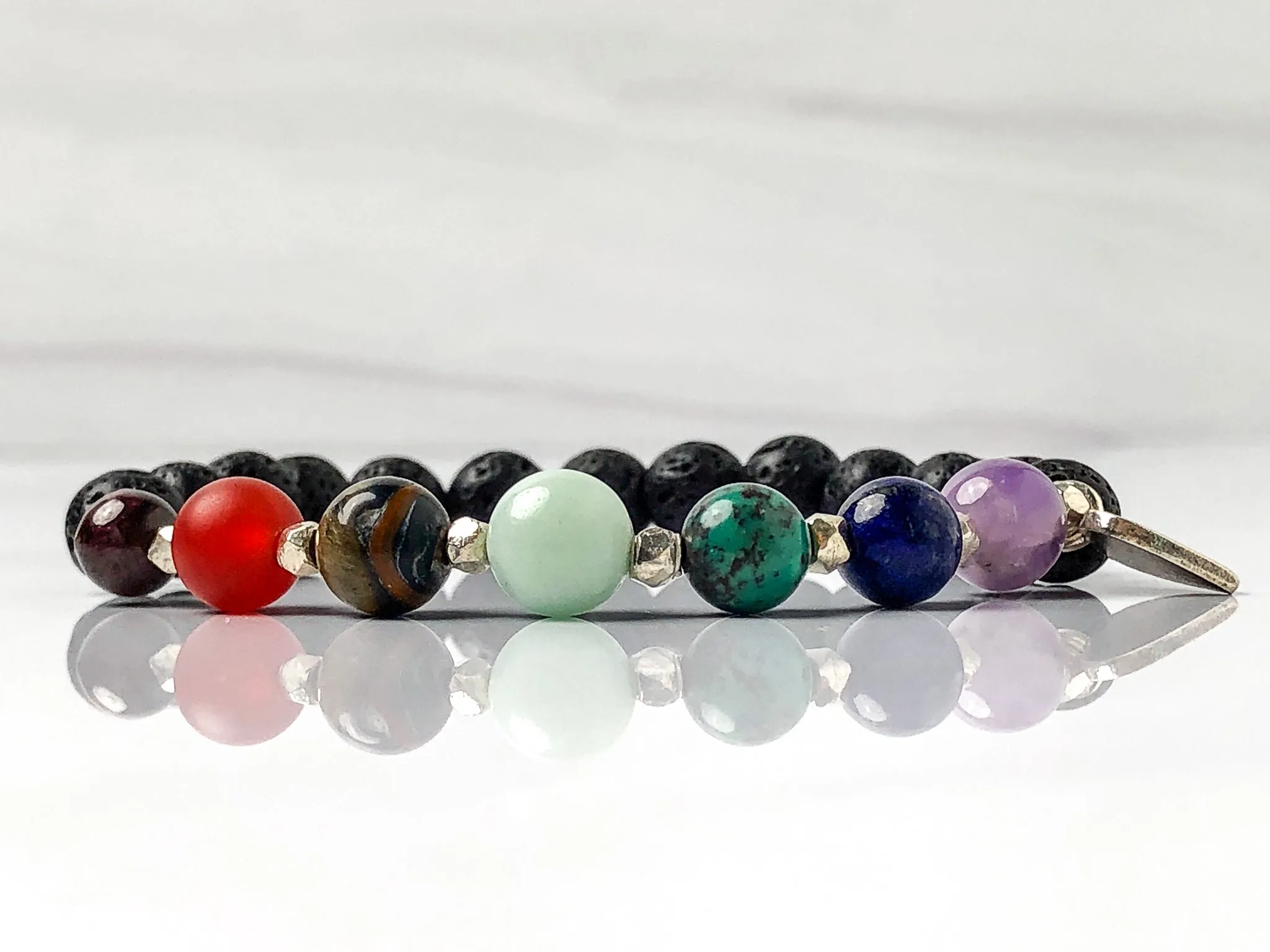 Chakra Gemstone Bracelet with Heart, Hill Tribes Fine Silver, Lava Bead, Stretch