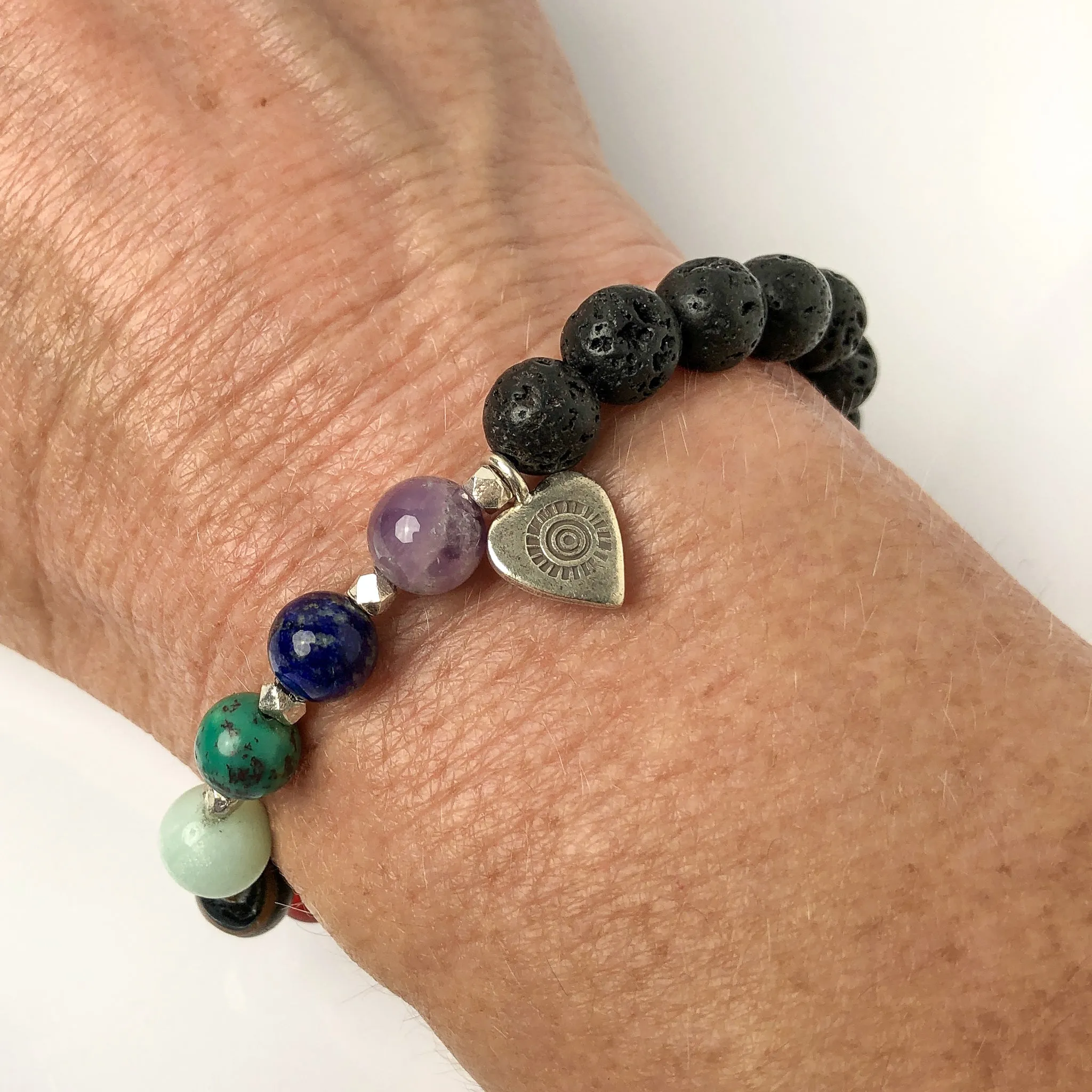 Chakra Gemstone Bracelet with Heart, Hill Tribes Fine Silver, Lava Bead, Stretch