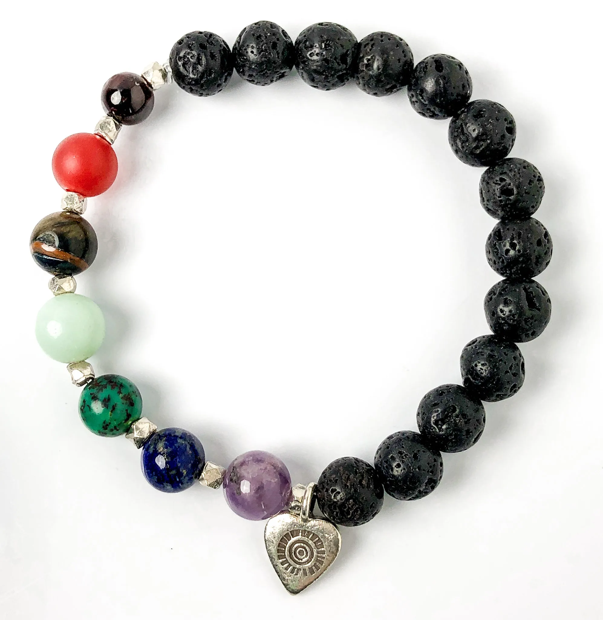 Chakra Gemstone Bracelet with Heart, Hill Tribes Fine Silver, Lava Bead, Stretch