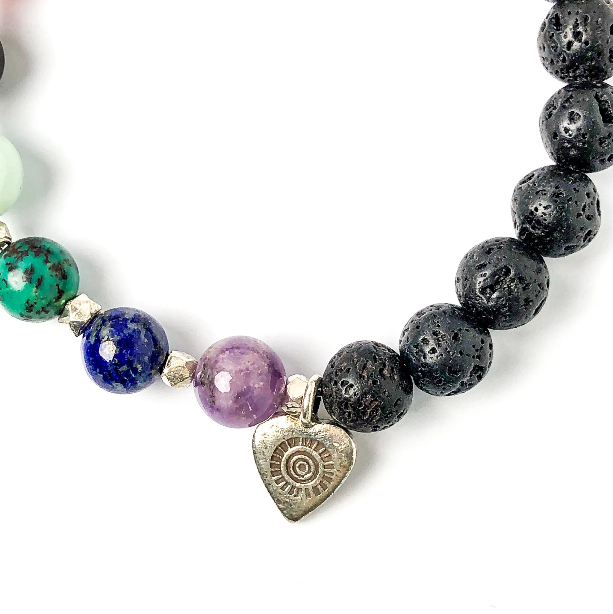 Chakra Gemstone Bracelet with Heart, Hill Tribes Fine Silver, Lava Bead, Stretch