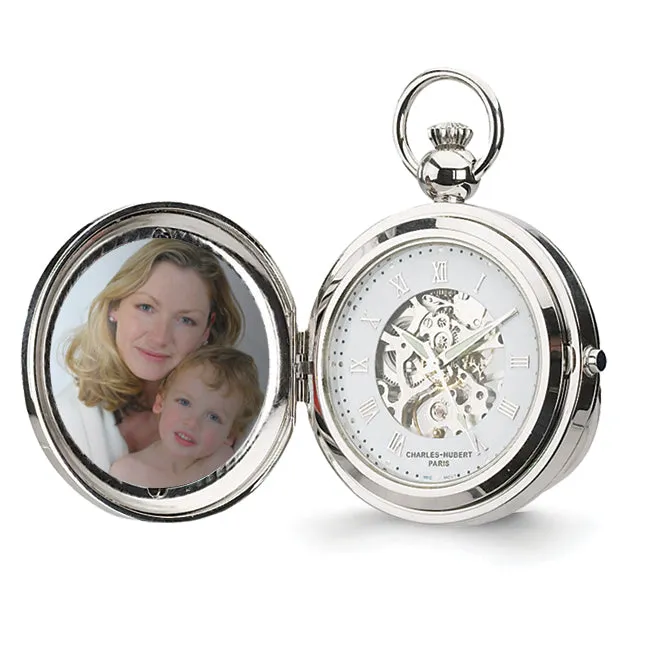 Charles Hubert Chrome Finish Brass Photo Insert Pocket Watch - Engravable