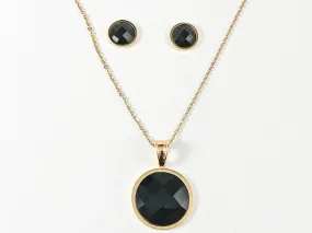 Classic Round Black Onyx CZ Gold Tone Necklace Earring Steel Set