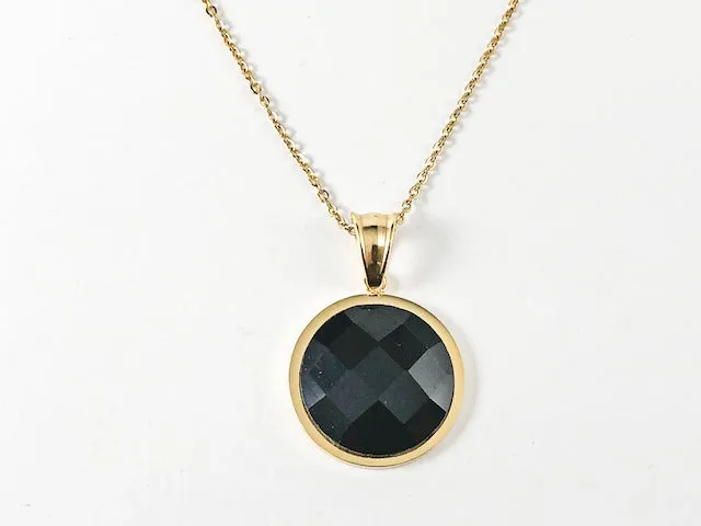 Classic Round Black Onyx CZ Gold Tone Necklace Earring Steel Set